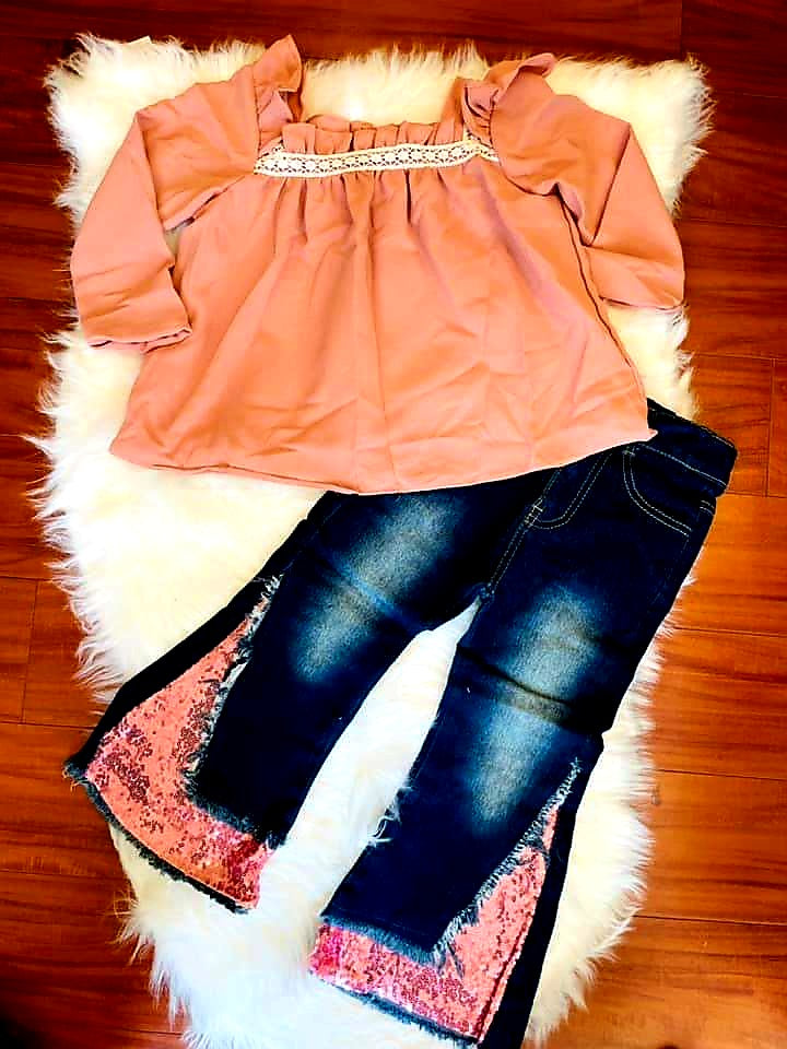 Pink Sequin Denim Bell Set