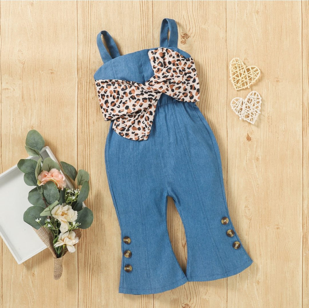 Denim Leopard Print Romper With Bow In Front
